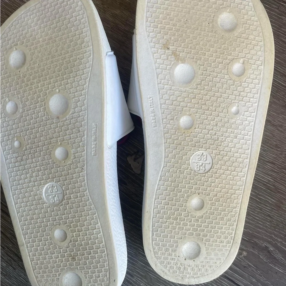 Moschino Kids White Slides with Pink and Red Bear Design
